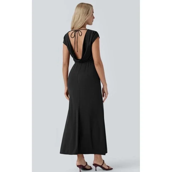 NWT Halara Tie Back Cowl Neck Cap Sleeve Maxi Dress Slip Black Yarn Small Witchy - Picture 4 of 9